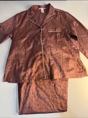 Victoria's Secret Brown Paisley Satin Pajama Set with Cream Piping